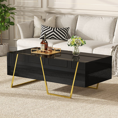 Modern Rectangular High Gloss Coffee Table For Living Room With Storage And Gold Base, 4 Drawers, Black, 47.2