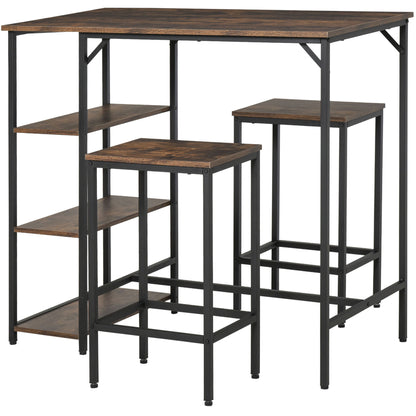 Industrial Bar Height Dining Table Set With 2 Stools & Side Shelf, 3 Pieces Coffee Table For Dining Room, Kitchen, Dinette