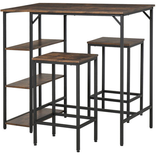 Industrial Bar Height Dining Table Set With 2 Stools & Side Shelf, 3 Pieces Coffee Table For Dining Room, Kitchen, Dinette
