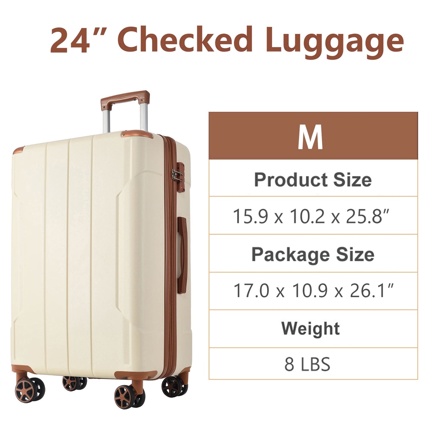 Hardshell Luggage, Lightweight Durable ABS Suitcases With Double Wheels, Expandable 24-inch Checked Luggage 24 White Brown