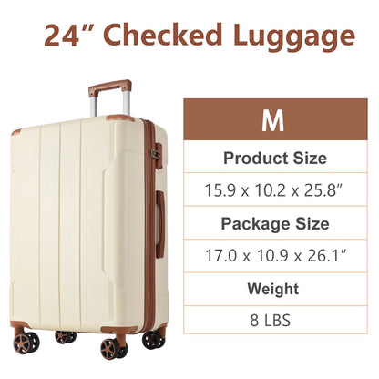Hardshell Luggage, Lightweight Durable ABS Suitcases With Double Wheels, Expandable 24-inch Checked Luggage 24 White Brown