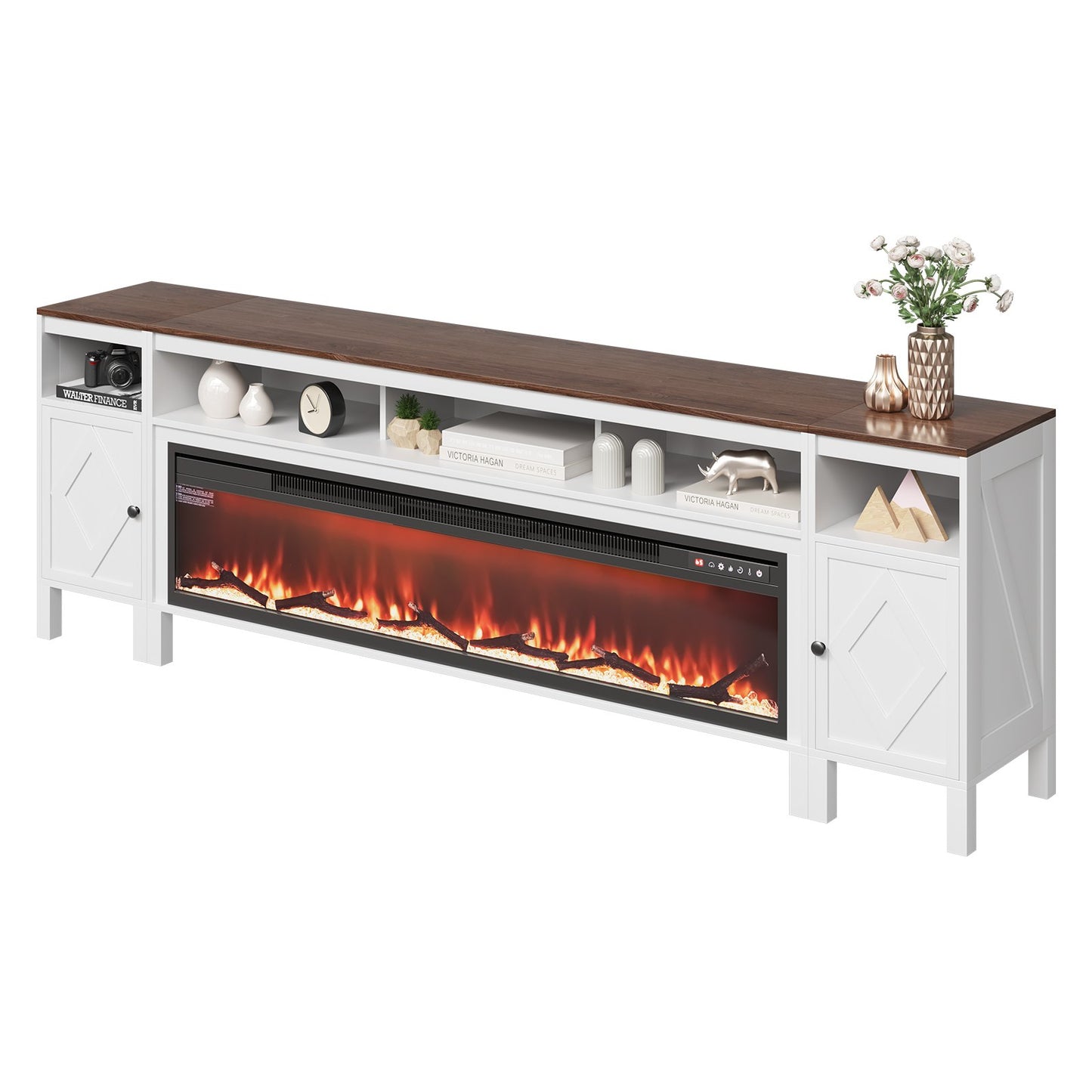 Fireplace TV Stand, Farmhouse Fireplace TV Stand For TVs Up To 100 Inch, Farmhouse Entertainment Center With 60 Inch Fireplace & Storage Drawers For Living Room Bedroom, Remote Control, White