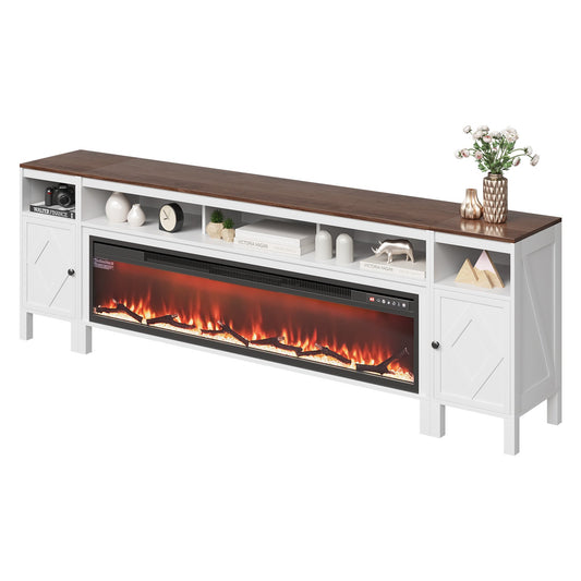 Fireplace TV Stand, Farmhouse Fireplace TV Stand For TVs Up To 100 Inch, Farmhouse Entertainment Center With 60 Inch Fireplace & Storage Drawers For Living Room Bedroom, Remote Control, White