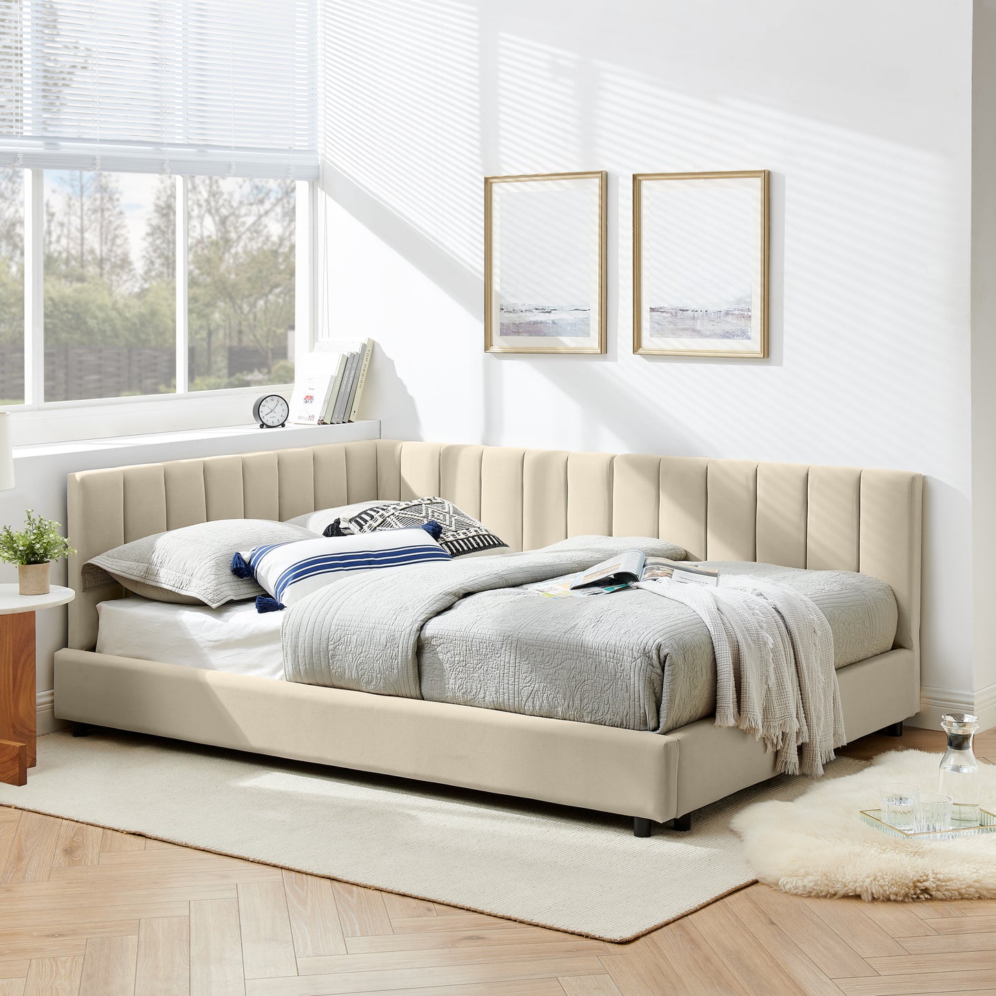 Full Size Upholstered Tufted Bed Frame, Sofa Bed Frame With Comfortable Backrest And Armrests, Full Size Bed For Bedroom, Living Room,Velvet-Beige 81x60x29.5