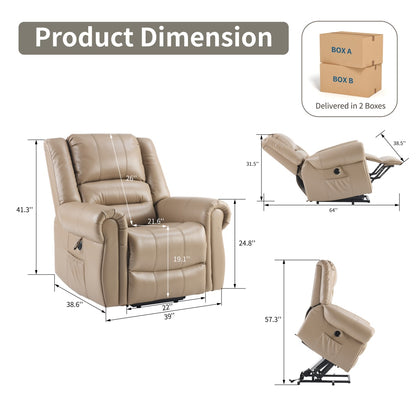 Power Lift Recliner Chair With Massage & Heat, Single Motor Lift Chair, Breathable PU Faux Leather, USB & Type-C, Side Pockets, Light Brown