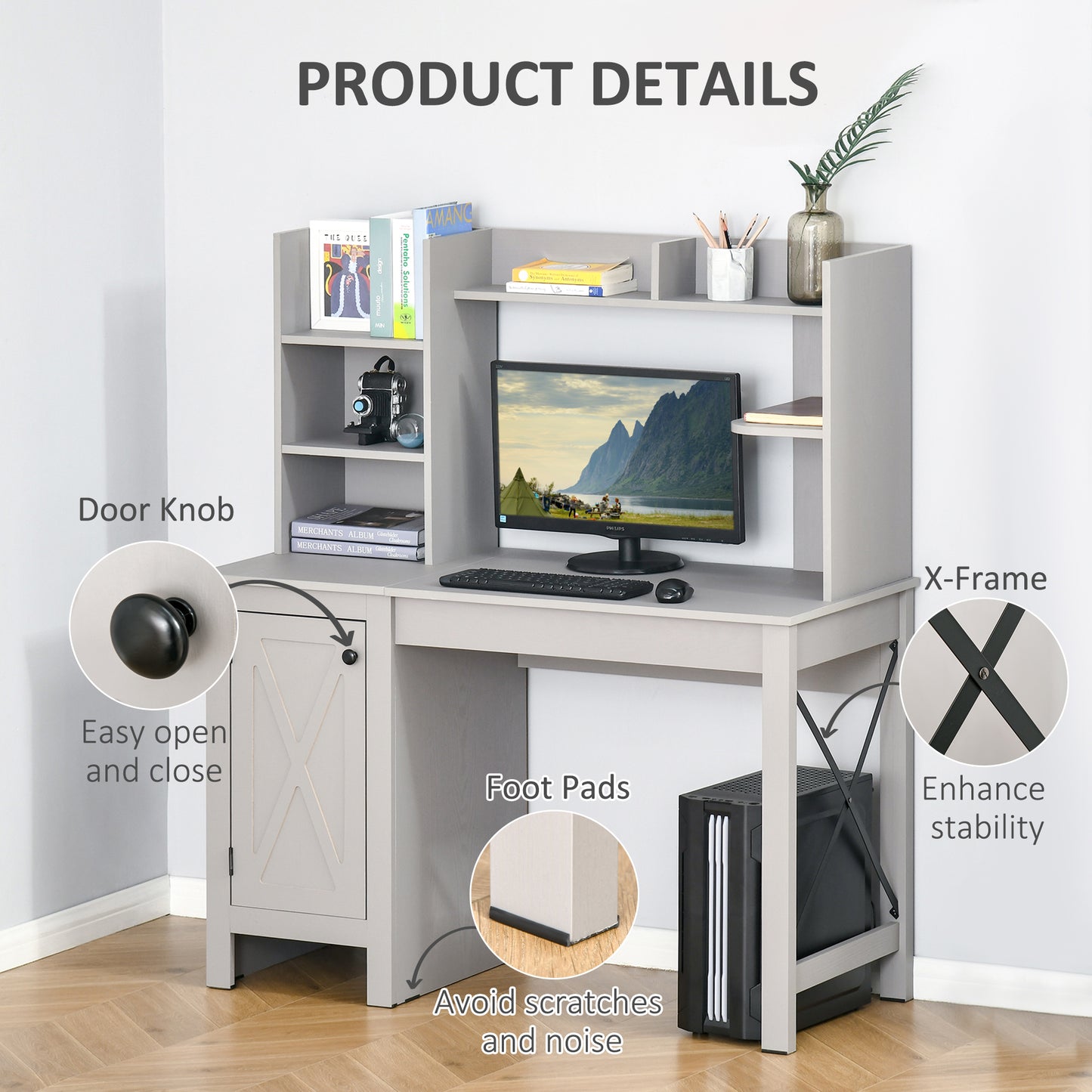 Computer Desk W/ Hutch, Home Office Desk W/ Storage Cabinet, Light Grey