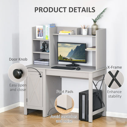Computer Desk W/ Hutch, Home Office Desk W/ Storage Cabinet, Light Grey