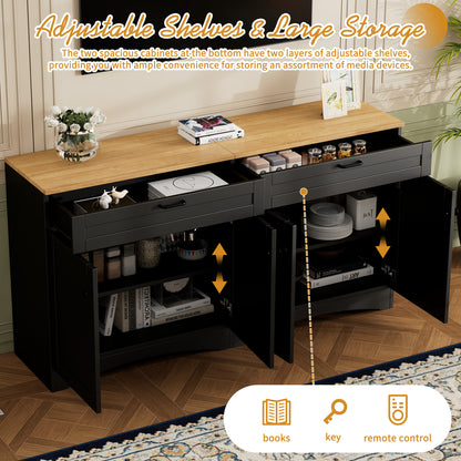 ON-TREND 3-Piece Farmhouse Entertainment Center With Storage Cabinet For TVs Up To 70, Mid-Century TV Stand With Bookshelf, Rustic Versatile Sideboard With Adjustable Shelves For Living Room, Black