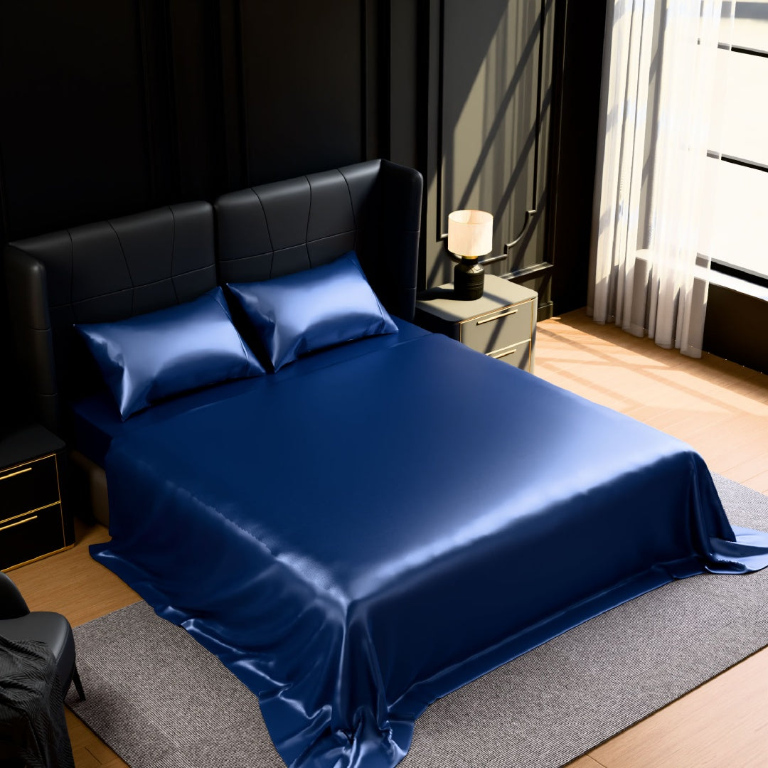 Satin Bed Sheets, Full Size Sheets Set, 4 Pcs Silky Bedding Set With 15 Inches Deep Pocket For Mattress -Full, Navy Blue