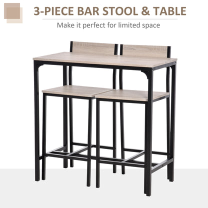 3-Piece Bar Table Set With 2 Stools, Industrial Breakfast Bar Set With Footrest, Backrest For Dining Room, Small Space