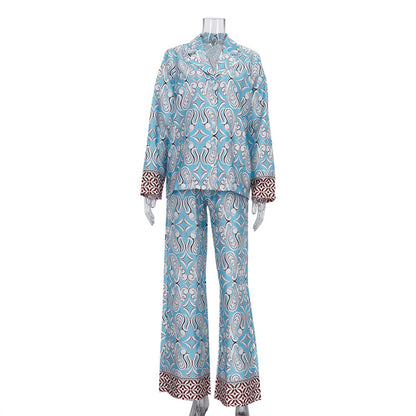 Notch-collar Long-sleeve Satin Shirt And Printed Loose-fit Pants Casual Set