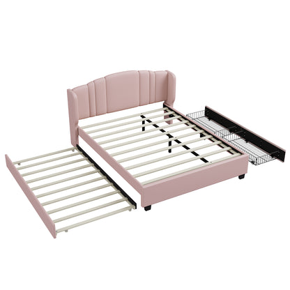 Upholstered Platform Bed With Wingback Headboard, One Twin Trundle And 2 Drawers, No Box Spring Needed, Linen Fabric, Queen Size, Pink