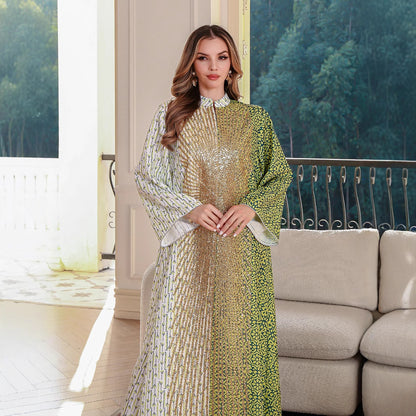 Summer Muslim Spliced Beaded Long Robe Middle Eastern Dubai Abaya Printed Maxi Dress