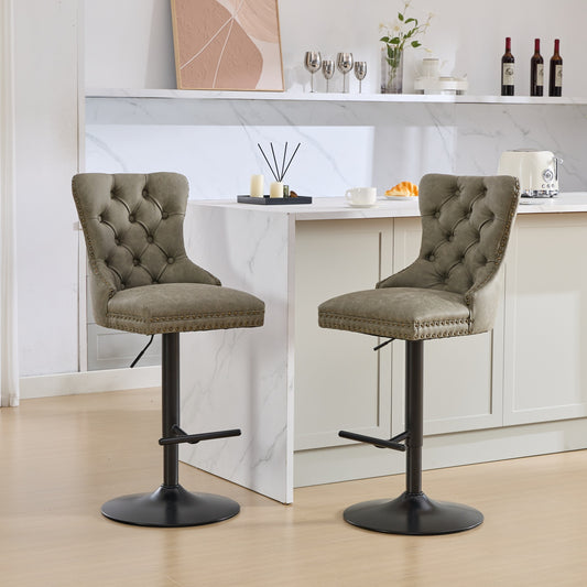 A&A Furniture,Aged And Retro PU Swivel Barstools Adjusatble Seat Height From 26-33 Inch, Modern Bar Stools With Backs Comfortable Tufted For Home Pub And Kitchen Island Olive Green,Set Of