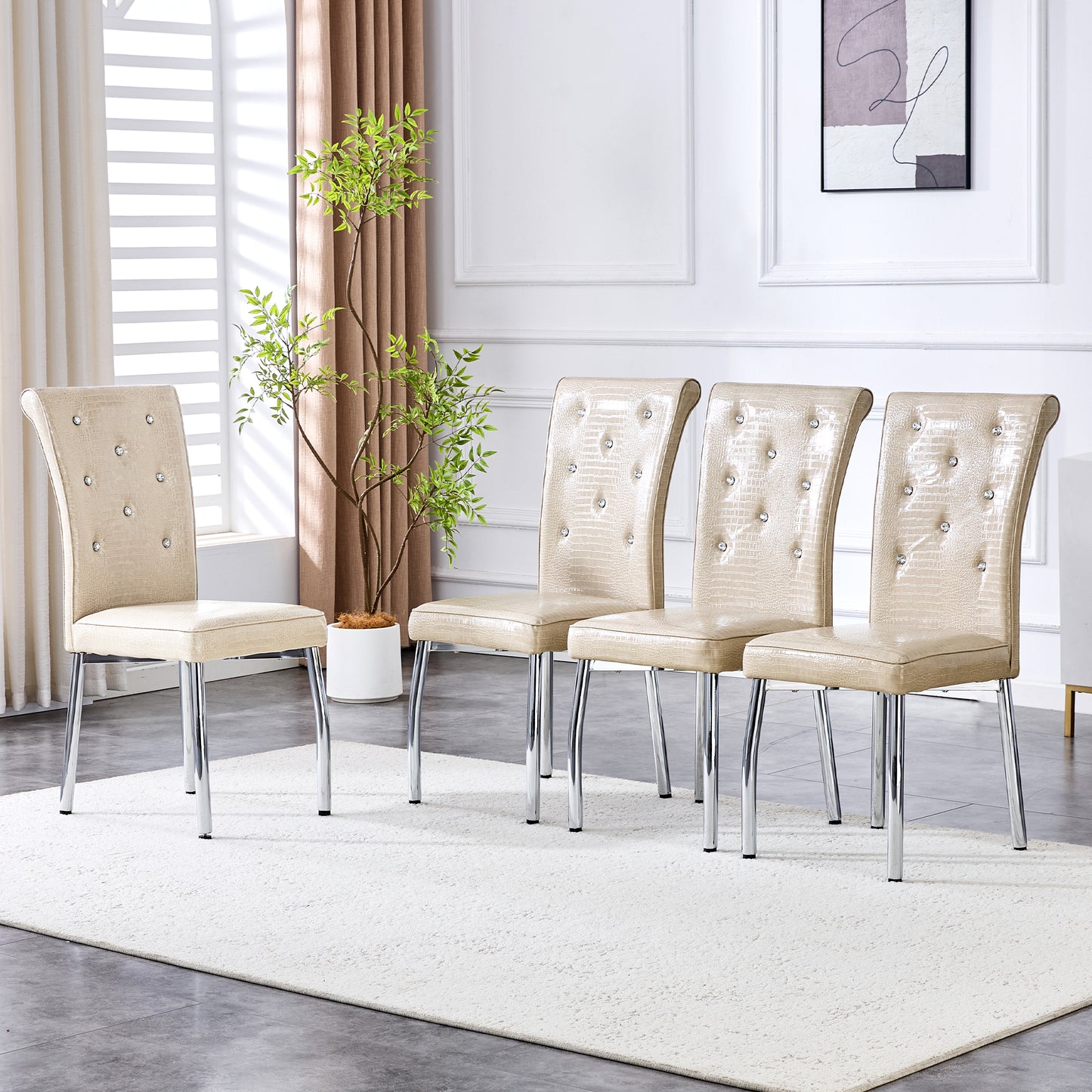 A Set Of 2 Beige And Silver Vintage Crocodile Leather Cushioned Dining Chairs, Featuring Crystal Clasp Design And Artificial Leather Design, Adding A Touch Of Elegance And Mystery To The Dining Area