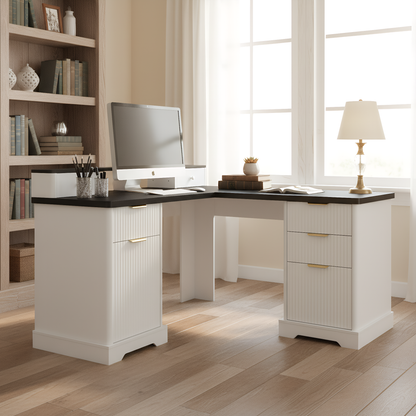 59 Modern Fluted L-Shaped Desk With Charging Station  Storage Cabinet - Home Office Computer Desk With Monitor Stand, File Drawer And Removable Support Shelf For Study, Home Office, White
