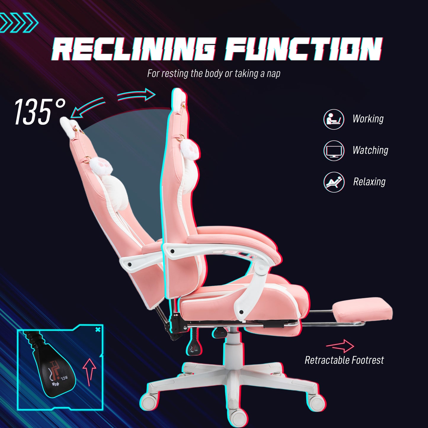 Cute Racing Gamer Chair, Faux Leather Gaming Chair With Footrest, Headrest And Lumbar Support