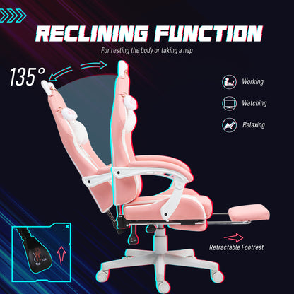 Cute Racing Gamer Chair, Faux Leather Gaming Chair With Footrest, Headrest And Lumbar Support