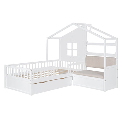 Twin Size House Bed With Sofa, Kids Platform Bed With Two Drawers And Storage Shelf, White