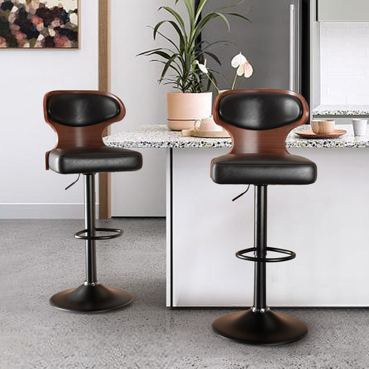 Bar Stools Set Of 2, Bentwood Swivel Barstools Seat Adjustable Height 24.5-33.5IN With Back & Footrest - PU Leather Upholstered Bar Chair For Dining Room
