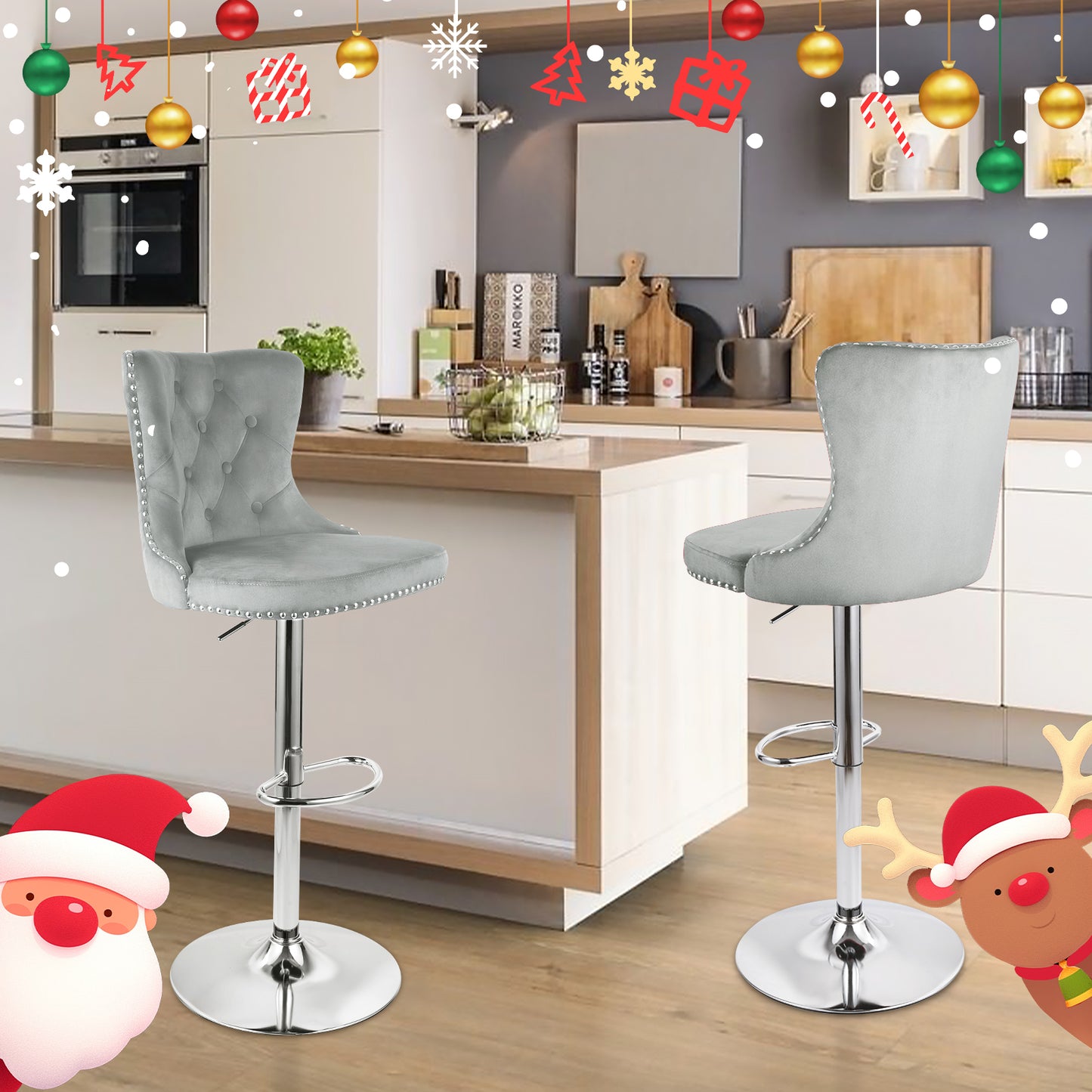 Velvet Swivel Bar Stools, Modern Bar Stools With High Back And Metal Footrest, Adjustable Swivel Barstools