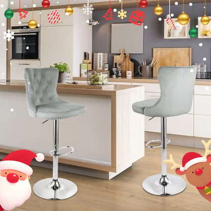 Velvet Swivel Bar Stools, Modern Bar Stools With High Back And Metal Footrest, Adjustable Swivel Barstools