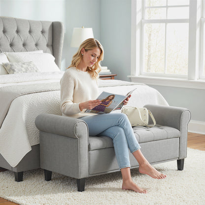 50 Inches Storage Ottoman, End of Bed Bench with Rolled Arms, Wood Legs, Button Tufted Storage Bench, Gray