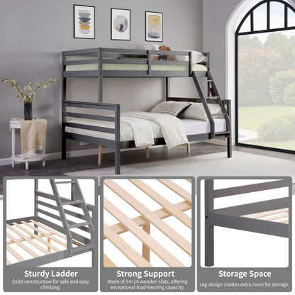 Twin Over Full Bunk Bed With Ladder,Wooden Bunk Bed With High Guardrail And Ladder For Kids, Teens, Dorm Rooms, And Guest Rooms,No Box Spring Needed,Grey