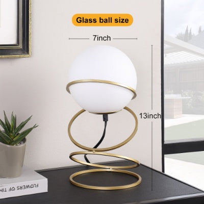 13.5 H Glass Globe Matte Gold Spiral 4 Ring Metal Stand Table Lamp For Living Room, Nightstand Bedside Table Lamp For Bedroom, LED Lamp