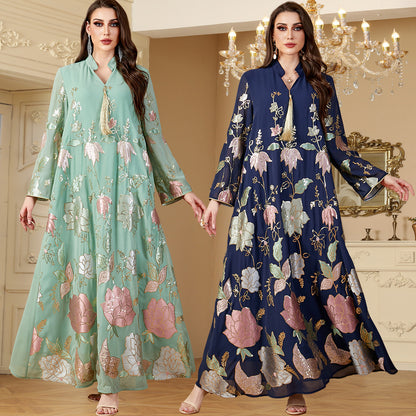 Muslim Middle Eastern Sequin Embroidered Women's Long Robe Fashion Tassel Dubai Dress