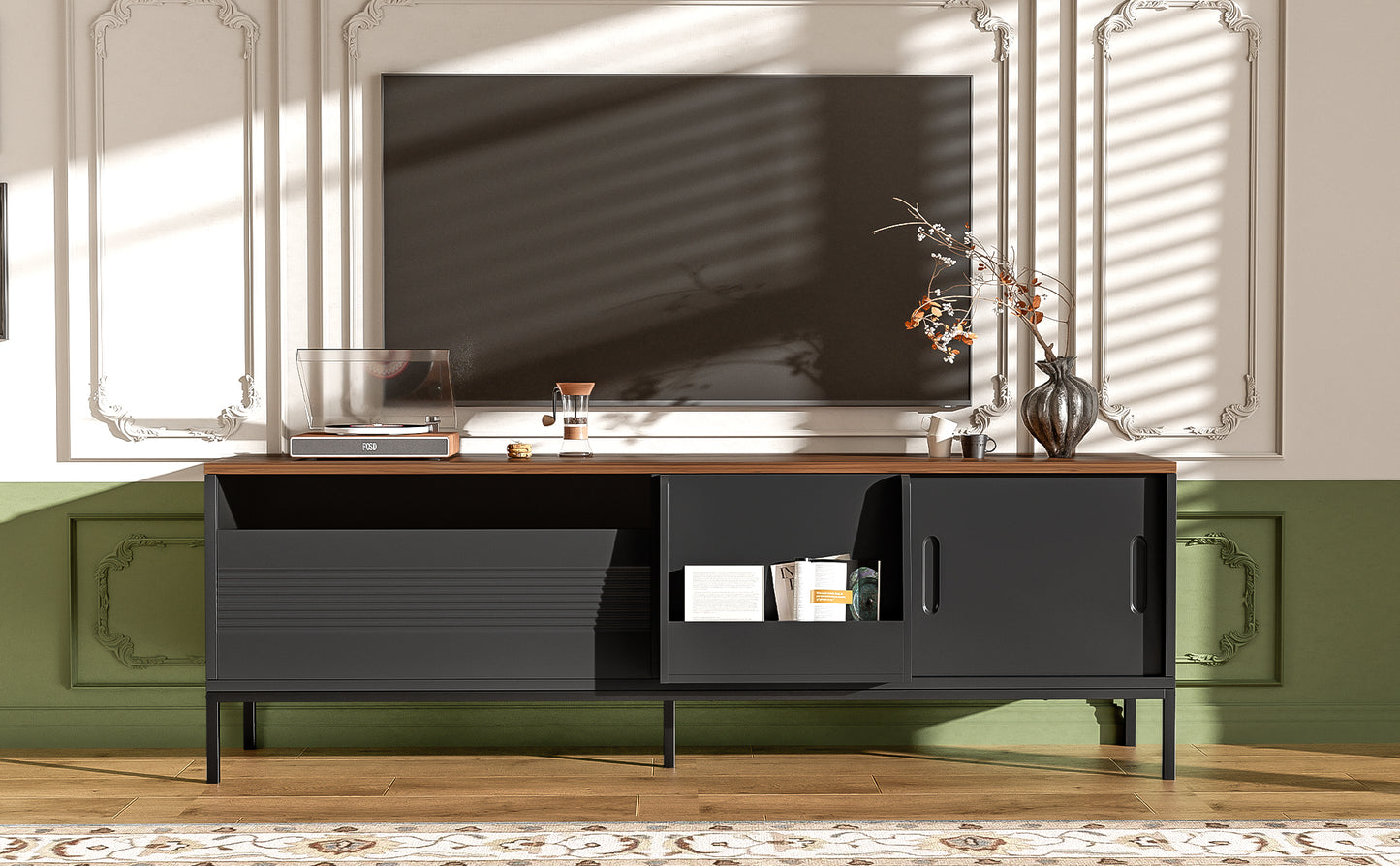 U-Can 70.8'' Modern TV Stand For TVs Up To 75 Inches, Entertainment Center With Storage Space, Sliding Doors, Adjustable Shelves And Metal Frame, Mid Century Modern Media TV Console Table For Living R