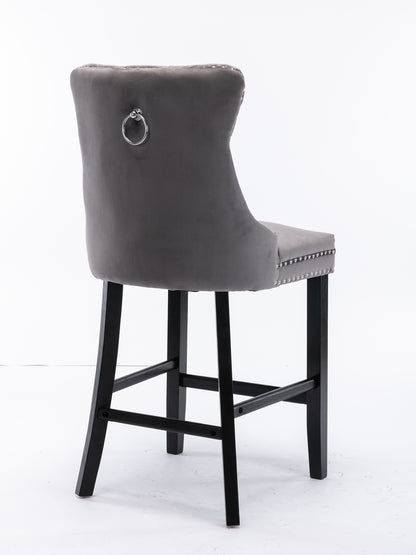 Contemporary Velvet Upholstered Barstools With Button Tufted Decoration And Wooden Legs, And Chrome Nailhead Trim, Leisure Style Bar Chairs,Bar Stools, Set Of 2 Gray,SW1902GY