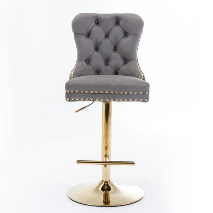 A&A Furniture,Thick Golden Swivel Velvet Barstools Adjusatble Seat Height From 25-33 Inch, Modern Upholstered Bar Stools With Backs Comfortable Tufted For Home Pub And Kitchen Island Gray,Set Of 2