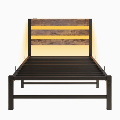 Twin Size Bed Frame Heavy Duty Platform Bed Frame With Headboard, USB Charging Station, LED Bed, No Box Spring Needed, Mattress Foundation, Strong Steel Slats, Noise Free, Brown