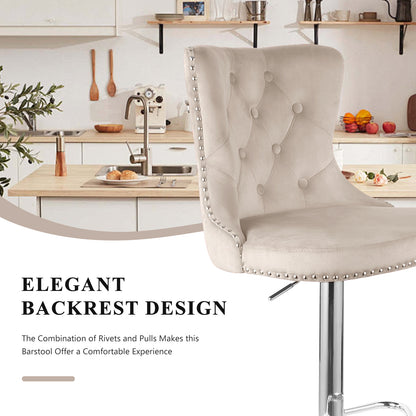 Velvet Swivel Bar Stools, Modern Bar Stools With High Back And Metal Footrest, Adjustable Swivel Barstools