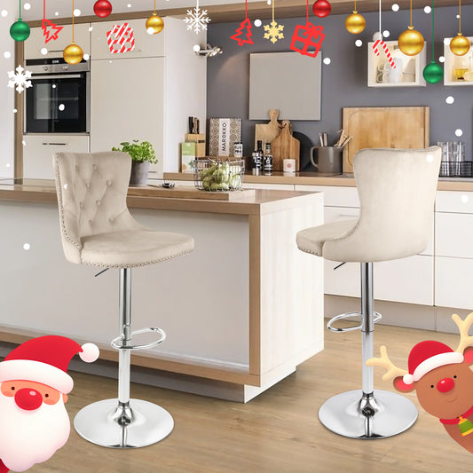 Velvet Swivel Bar Stools, Modern Bar Stools With High Back And Metal Footrest, Adjustable Swivel Barstools
