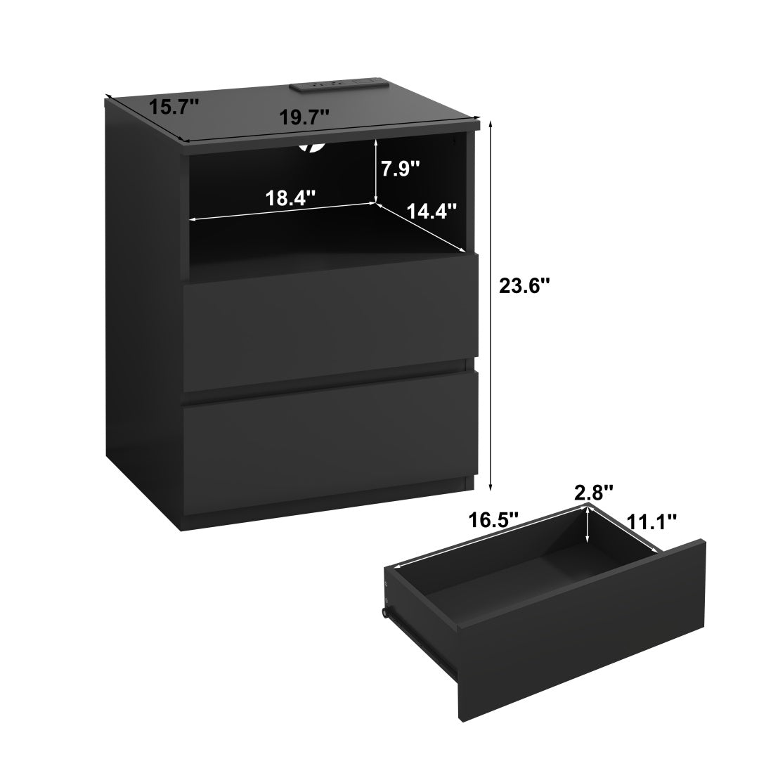 Set Of 2  End Table With Fast USB C Charging Station, Sofa Side Table With 2 Drawers, Large Storage Modern Wood Storage Cabinet For Living Room,Bedroom,Office, Black