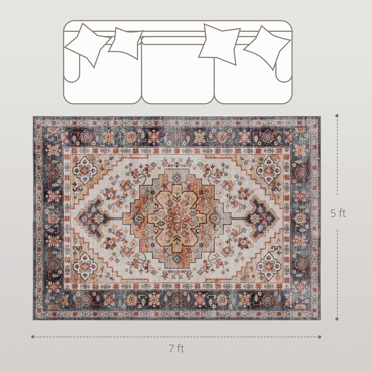 Area Rug 5x7, Machine Washable Rug, Non-Slip Boho Print Pattern Medallion Carpet For Living Room, Bedroom, Tawny Brown