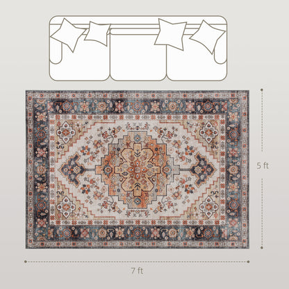 Area Rug 5x7, Machine Washable Rug, Non-Slip Boho Print Pattern Medallion Carpet For Living Room, Bedroom, Tawny Brown