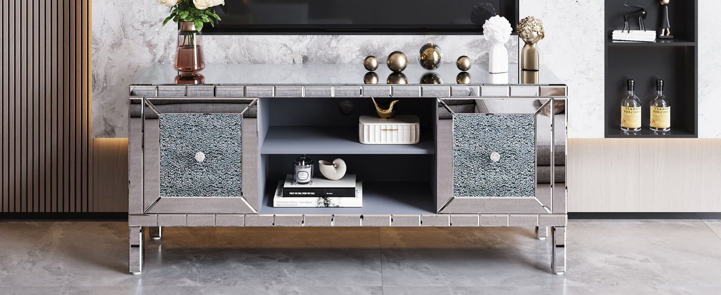 60 Mirrored TV Stand With Crushed Diamond Glass Doors - Modern Media Entertainment Center For Living Room, Adjustable Storage TV Console Table For 65-Inch TV