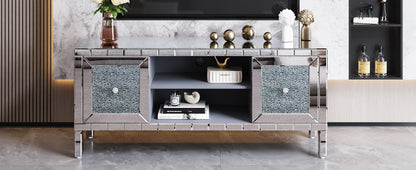 60 Mirrored TV Stand With Crushed Diamond Glass Doors - Modern Media Entertainment Center For Living Room, Adjustable Storage TV Console Table For 65-Inch TV