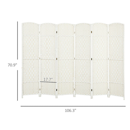 Folding Room Divider Screen 6 Panel 6' Tall Privacy Screen Freestanding Wood Partition for Home Office, White