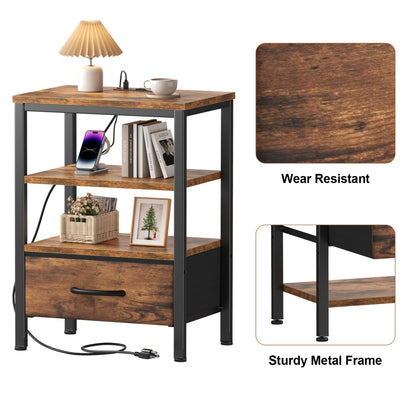 Bedside Table, With Built-in USB-C-type Port Sockets And Adjustable Drawers, 3-layer Storage Rack, And Fabric Drawers