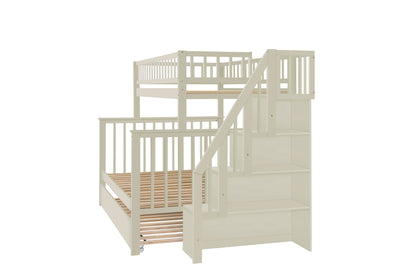 Twin Over Full Stairway Bunk Bed With Trundle,Cream