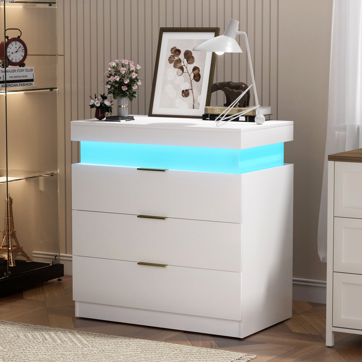 Nightstand With Charging Station And LED Lights,Night Stand With Sliding Top For Bedroom,Bedside Table With Drawers,Modern End Side Table,White.28.8 W X 17 D X 30.5 H.