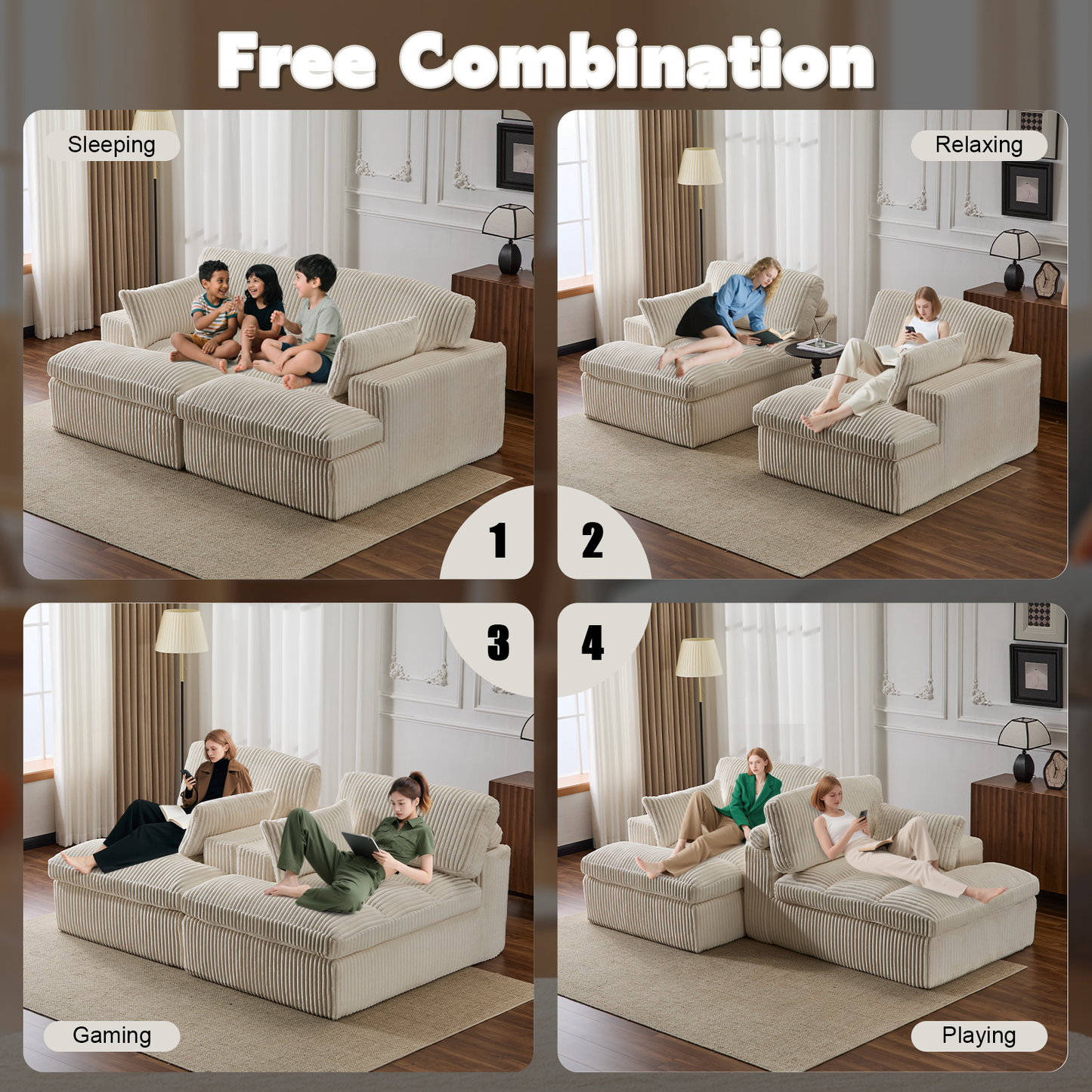 Double Chaise Lounge Chair Indoor,Oversized Upholstered Sleeper Cloud Couch,Deep Seat Luxury Sofa Bed,Sectional Sofa Chaise Love-seat,Corduroy Reading Chair For Living Room,No Assembly Required,White