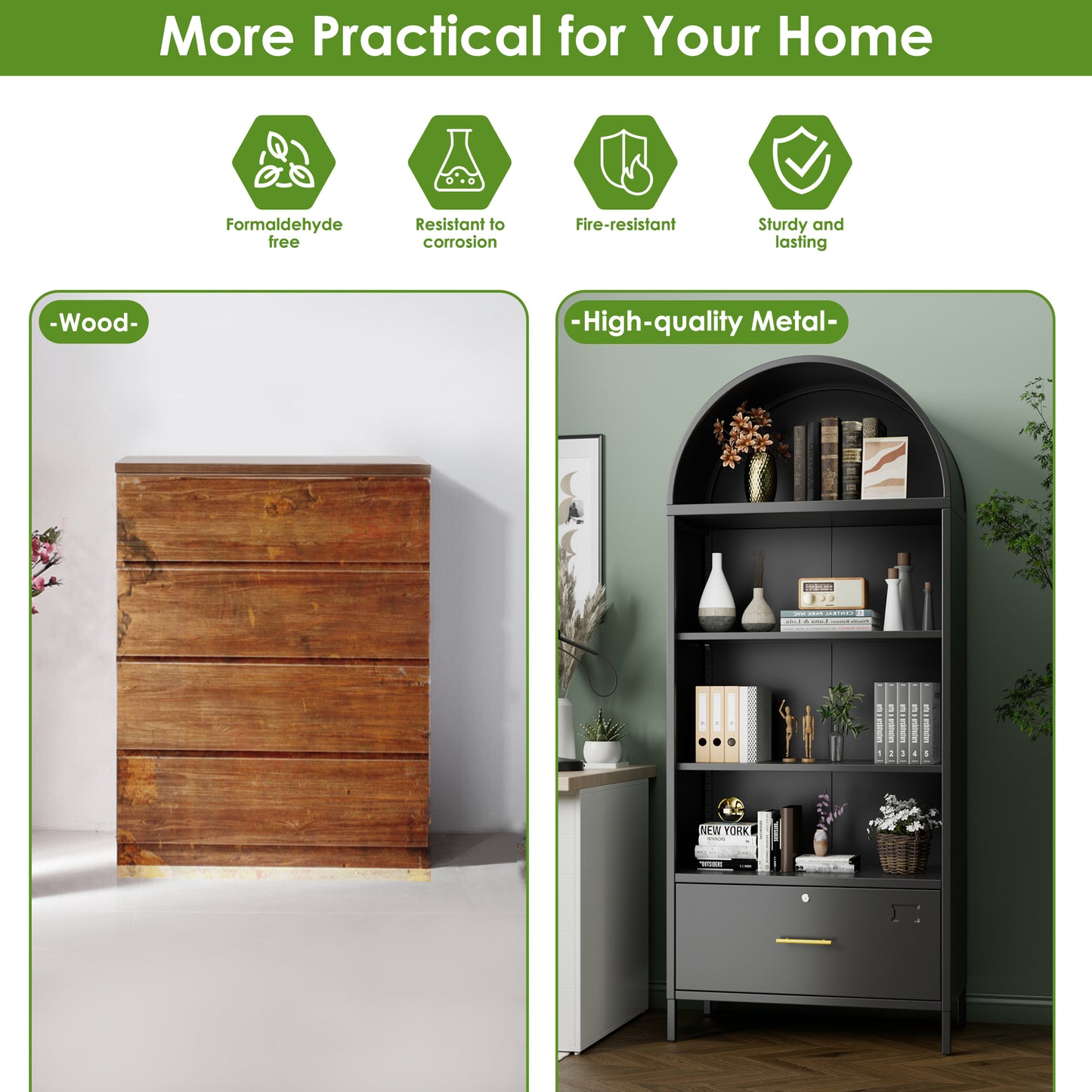Metal Arched Household Storage Cabinet In Black And White Color