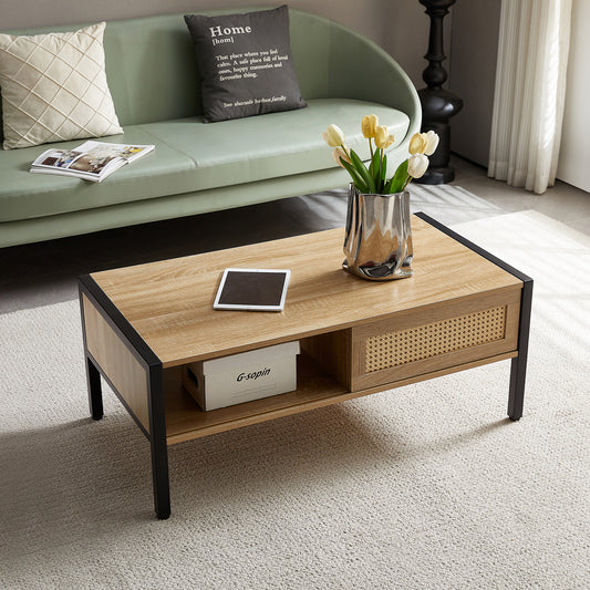 Rattan Coffee Table Metal Legs Modern Table Sliding Door For Storage