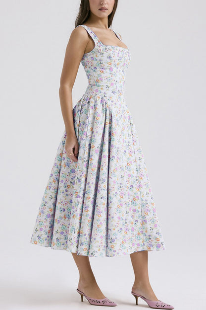 Floral Square Neck Wide Strap Midi Dress