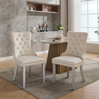 A&A Furniture, Nikki  Modern, High-end Tufted Solid Wood Contemporary Velvet Upholstered Dining Chair With Wood Legs Nailhead Trim 2-Pcs Set, Milky White